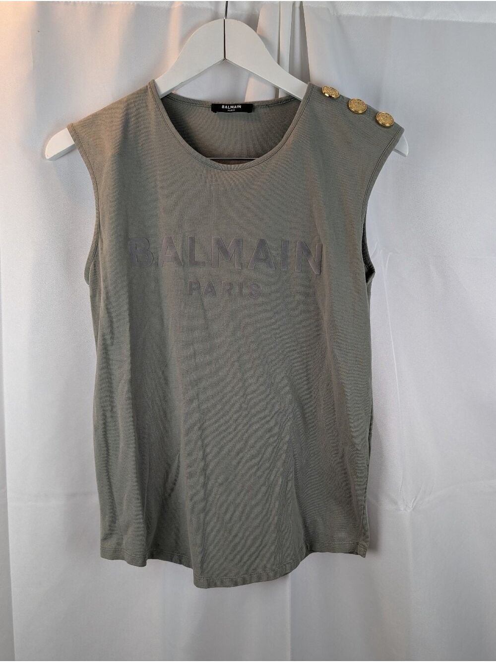 Balmain Olive Green Sleeveless Button-Shoulder Tank XS In EUC